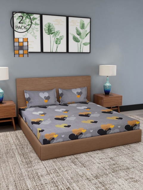 

NEUDIS Set Of 2 Grey & Yellow 180 TC 2 King Bedsheet with 4 Pillow Covers