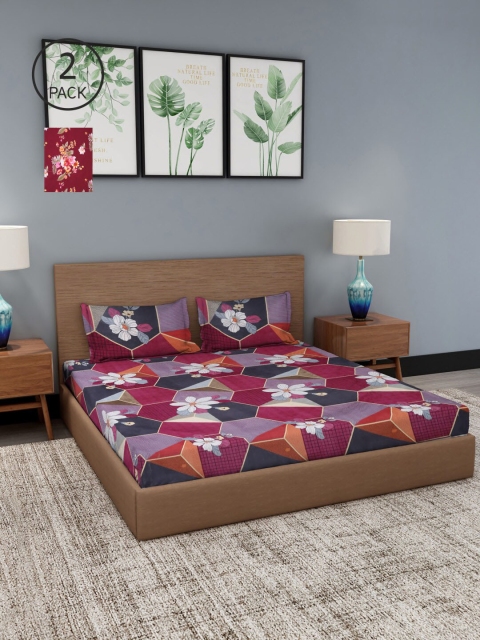 

NEUDIS Pack of 2 Maroon & Red Floral 180 TC King Bedsheet with 4 Pillow Covers
