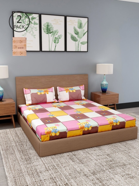 

NEUDIS Set Of 2 Brown & Orange Floral 180 TC 2 King Bedsheet with 4 Pillow Covers