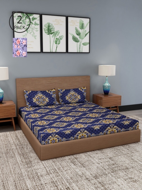 

NEUDIS Pack of 2 Blue & Purple Floral 180 TC 2 King Bedsheet with 4 Pillow Covers