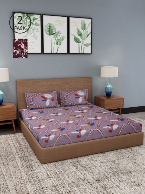 

NEUDIS Brown & Mauve Floral 180 TC 2 King Bedsheet with 4 Pillow Covers
