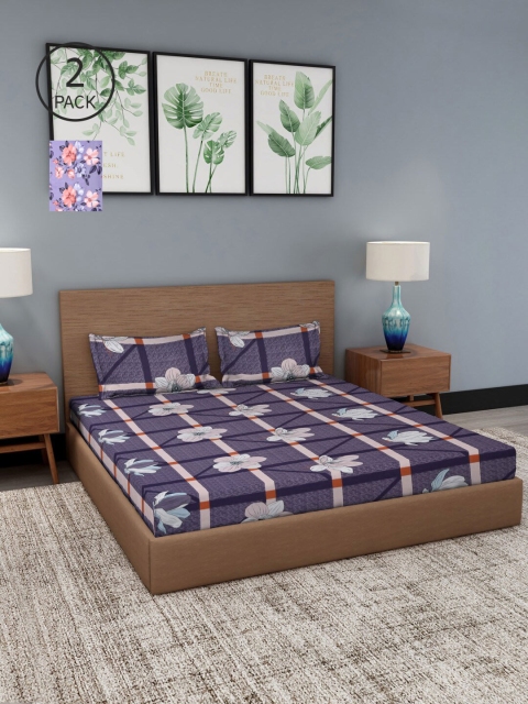 

NEUDIS Purple & White Floral 180 TC 2 King Bedsheet with 4 Pillow Covers