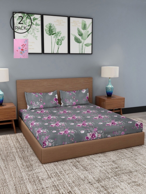 

NEUDIS Set Of 2 Grey & Pink Floral 180 TC 2 King Bedsheet with 4 Pillow Covers