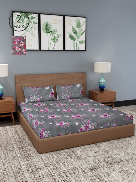 

NEUDIS Pack of 2 Grey & Mauve Floral 180 TC King Bedsheet with 4 Pillow Covers
