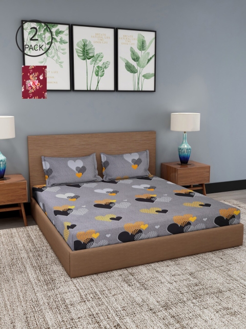 

NEUDIS Grey & Maroon Floral 180 TC 2 King Bedsheet with 4 Pillow Covers
