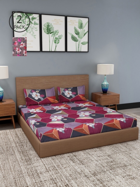 

NEUDIS Set Of 2 Brown & Pink Floral 180 TC 2 King Bedsheet with 4 Pillow Covers
