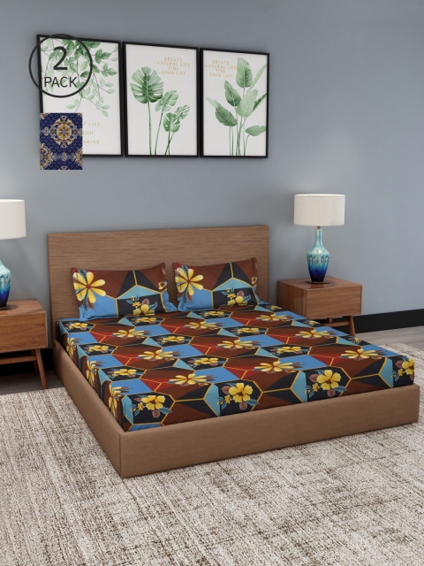 

NEUDIS Brown & Blue Floral 180 TC 2 King Bedsheet with 4 Pillow Covers