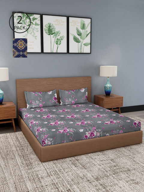 

NEUDIS Grey & Pink Floral 180 TC 2 Queen Bedsheet with 4 Pillow Covers