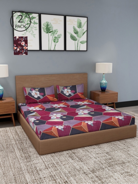 

NEUDIS Pack Of 2 Printed 180 TC 2 King Bedsheet with 4 Pillow Covers, Maroon
