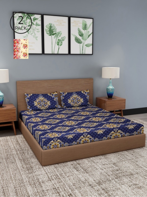

NEUDIS Blue & Cream-Coloured Floral 180 TC 2 King Bedsheet with 4 Pillow Covers