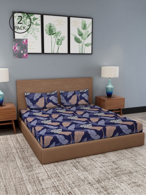 

NEUDIS Grey & Blue Floral 180 TC 2 King Bedsheet with 4 Pillow Covers