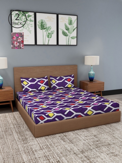

NEUDIS Set Of 2 Purple & Violet Floral 180 TC 2 King Bedsheet with 4 Pillow Covers