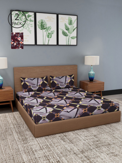 

NEUDIS Set Of 2 Black & Brown Floral 180 TC 2 King Bedsheet with 4 Pillow Covers
