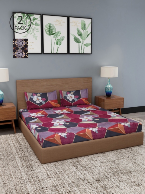 

NEUDIS Maroon & Grey Geometric 180 TC 2 King Bedsheet with 4 Pillow Covers