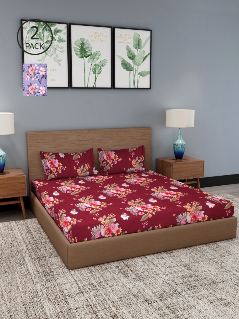 

NEUDIS Pack Of 2 Printed 180 TC 2 King Bedsheet with 4 Pillow Covers, Maroon