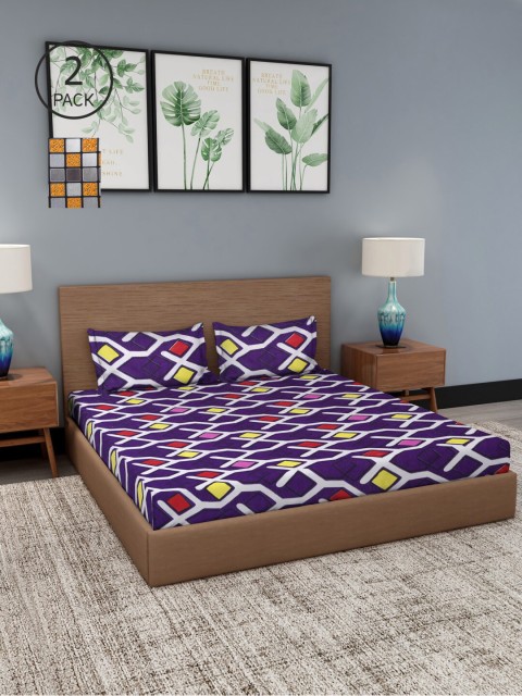 

NEUDIS Purple & Grey Geometric 180 TC 2 King Bedsheet with 4 Pillow Covers