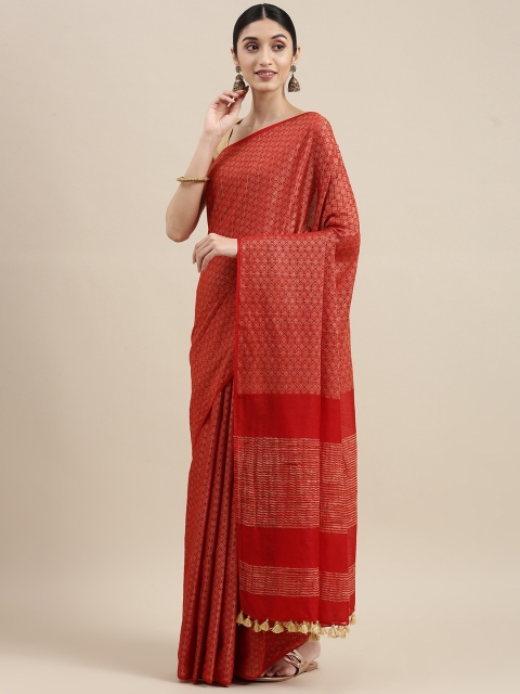

swatika Red Zari Silk Blend Handloom Bhagalpuri Saree