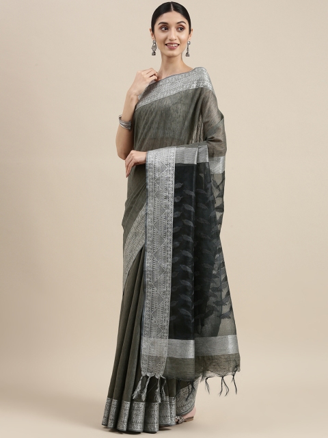

swatika Grey Woven Design Zari Silk Blend Handloom Bhagalpuri Saree