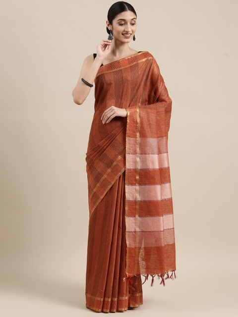 

swatika Orange Striped Zari Silk Blend Handloom Bhagalpuri Saree