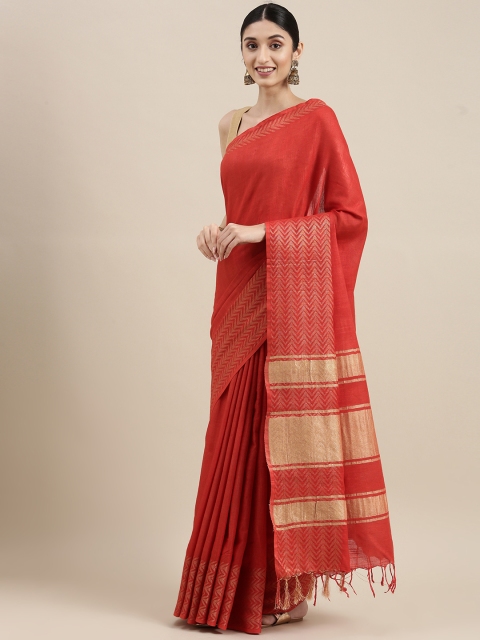 

swatika Coral Red Zari Linen Blend Handloom Bhagalpuri Saree