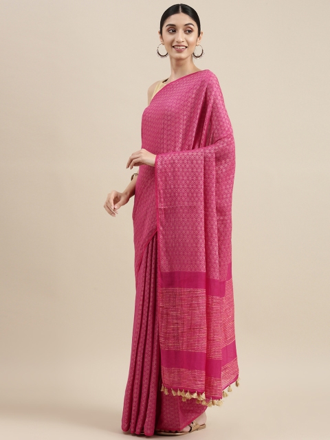 

swatika Pink Zari Silk Blend Handloom Bhagalpuri Saree
