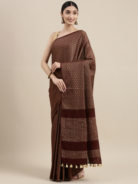 

swatika Brown Zari Silk Blend Handloom Bhagalpuri Saree