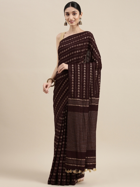 

swatika Brown Striped Zari Silk Blend Handloom Bhagalpuri Saree