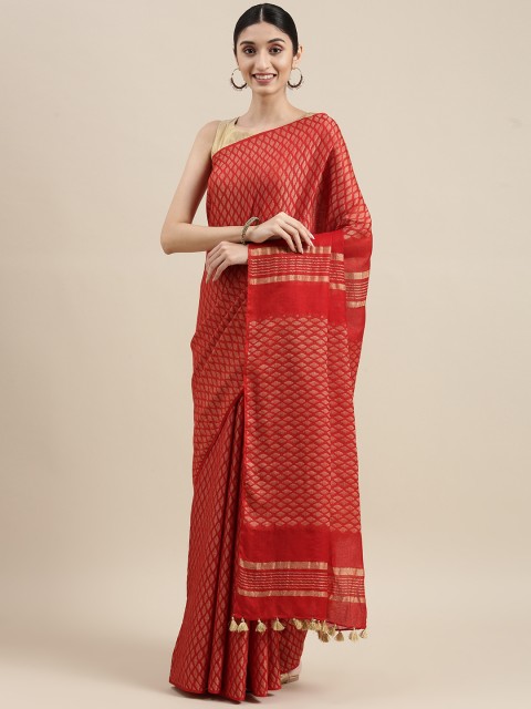 

swatika Red Zari Silk Blend Handloom Bhagalpuri Saree