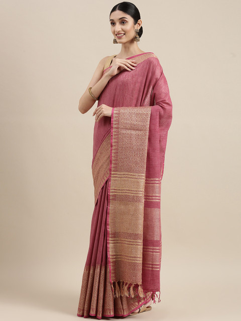 

swatika Pink Woven Design Zari Silk Blend Handloom Bhagalpuri Saree