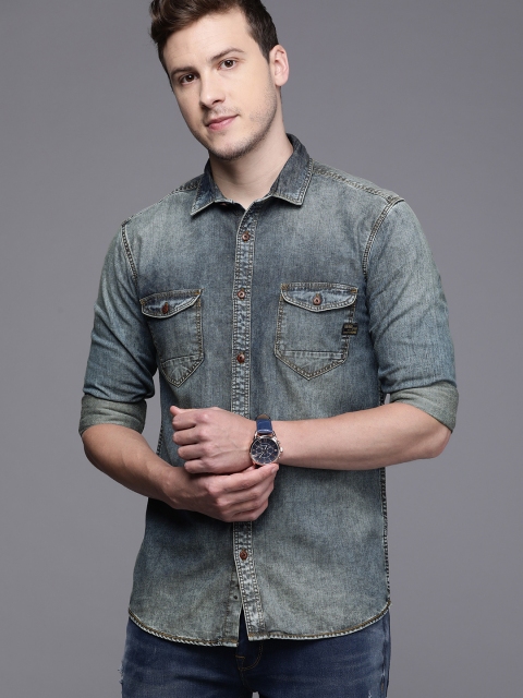 

Voi Jeans Men Navy Blue Slim Fit Faded Denim Casual Shirt