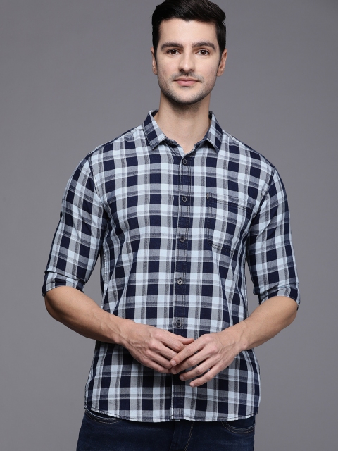 

Voi Jeans Men Blue Slim Fit Tartan Checked Pure Cotton Casual Shirt