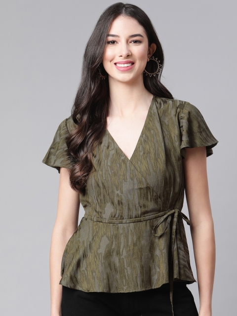

Cottinfab Women Olive Green Wrap Top