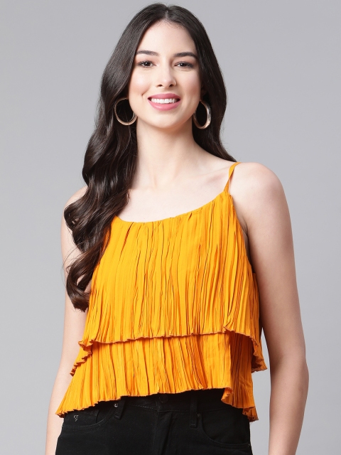 

Cottinfab Women Mustard Yellow Layered Crepe Bardot Crop Top