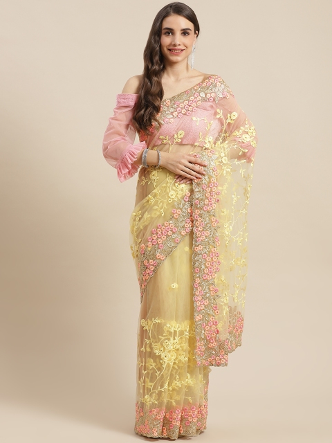 

Chhabra 555 Yellow & Gold-Toned Floral Zari Net Saree