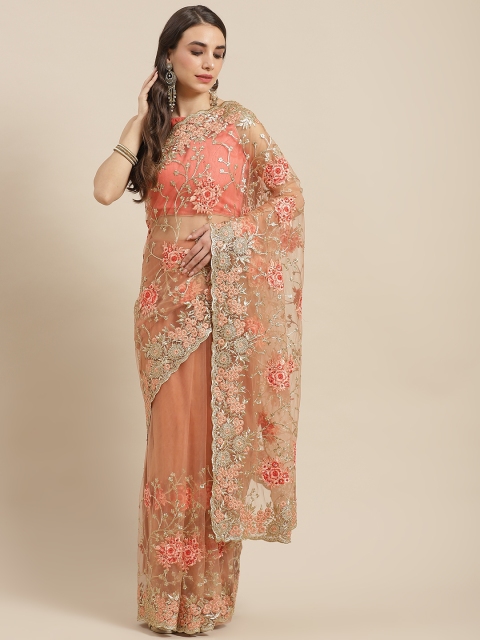 

Chhabra 555 Peach-Coloured & Orange Floral Zari Net Saree