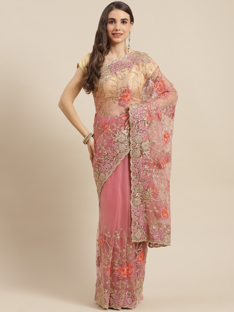 

Chhabra 555 Peach-Coloured & Orange Floral Embroidered Net Saree