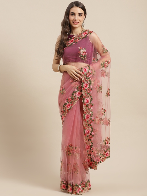 

Chhabra 555 Pink & Rose Floral Zari Net Saree