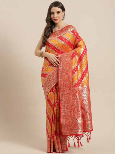 

Chhabra 555 Orange & Red Woven Design Zari Art Silk Banarasi Saree