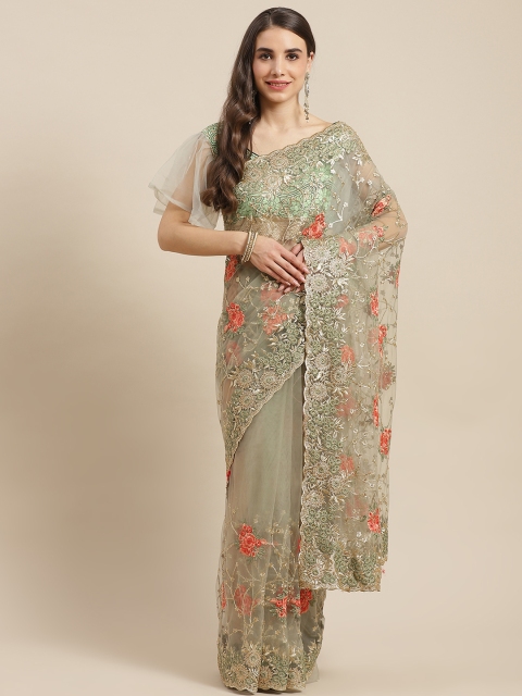 

Chhabra 555 Olive Green & Green Floral Zari Net Saree