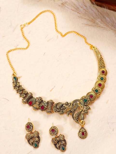 

Crunchy Fashion Woman Gold-Plated Green & Red Stone-Studded Antique Jewellery Set