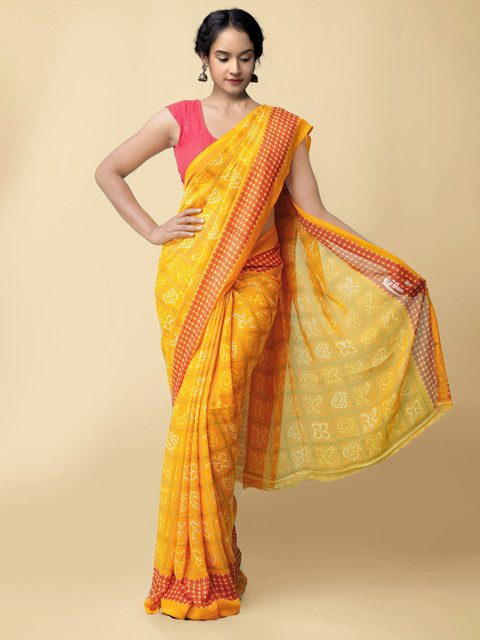

Unnati Silks Orange & White Bandhani Block Print Saree