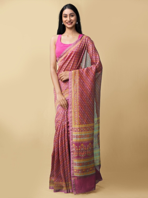 

Unnati Silks Purple & Orange Floral Silk Cotton Baluchari Saree
