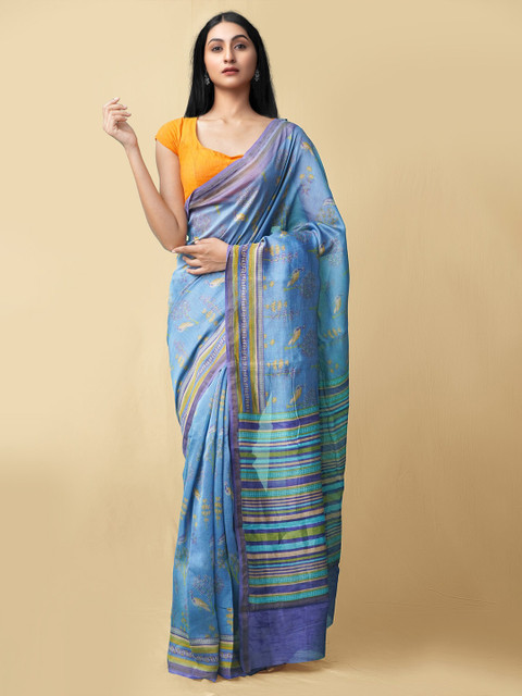 

Unnati Silks Blue & Yellow Floral Silk Cotton Baluchari Saree