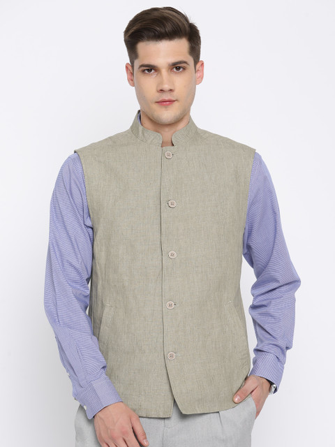

Indian Terrain Beige Linen Nehru Jacket