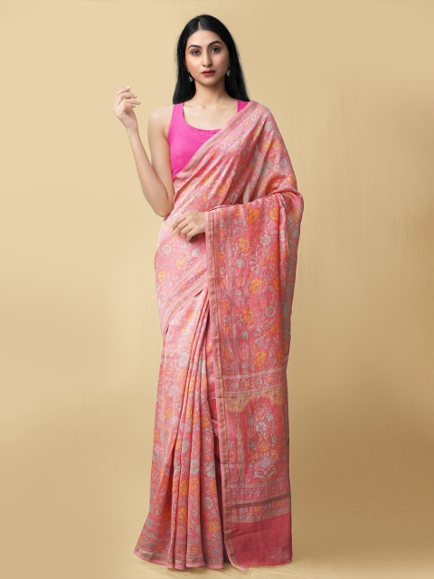 

Unnati Silks Pink & Grey Floral Silk Cotton Baluchari Saree