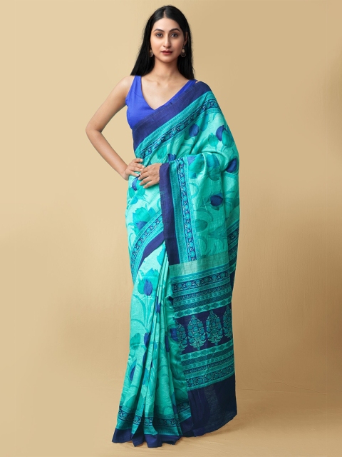 

Unnati Silks Green & Blue Floral Pure Silk Baluchari Saree