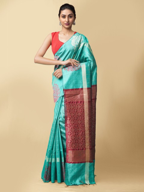 

Unnati Silks Green & Maroon Woven Design Zari Linen Blend Mysore Silk Saree