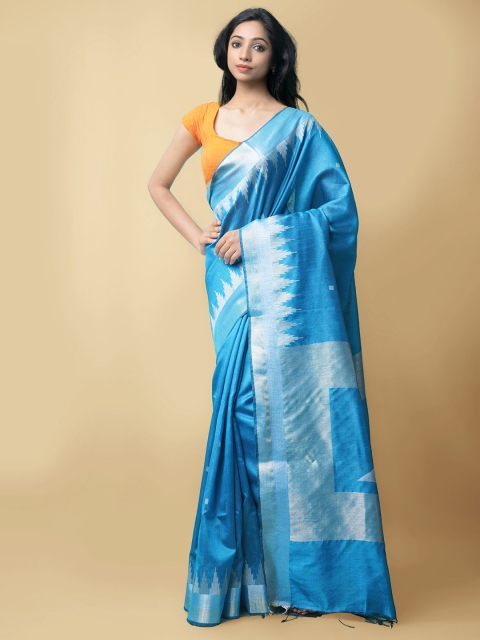 

Unnati Silks Blue & Silver-Toned Woven Design Zari Linen Blend Mysore Silk Saree