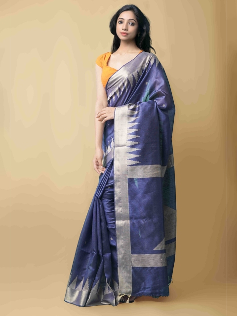 

Unnati Silks Blue & Silver-Toned Woven Design Zari Linen Blend Mysore Silk Saree