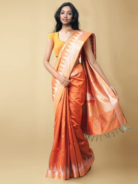 

Unnati Silks Orange & Cream-Coloured Woven Design Linen Blend Mysore Silk Saree